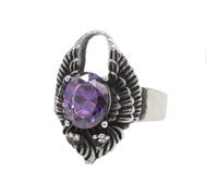 HIJONES Hombres Acero Inoxidable Anillo de Sello con Bloqueo de Ala de Ángel de Gemas Ovaladas Cristal Cz Joyería de dedo de Boda Piedra Púrpura Plateada Talla 17