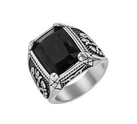 HIJONES Hombres Acero Inoxidable Gótico Multicolor Cristal Piedra Preciosa Tulipán Grabado Grueso Anillo Biker Punk Joyería Dedo Plata Piedra Negra Talla 22