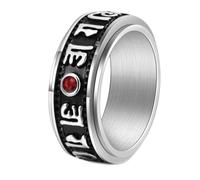 HIJONES Hombres Acero Inoxidable Zircon Rojo 6 seis palabras silábicas verdaderas Mantras Anillos Om Mani Padme Hum Banda Giratoria Plata Talla 17