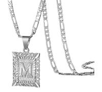 HIJONES Hombres Mujer Acero Inoxidable Collar con Colgante Grabado del Alfabeto Hip Hop Cuadrado A-Z 26 Encantos de Letras con Cadenas de Eslabones Nk Plata M
