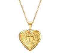 HIJONES Hombres Mujer Acero Inoxidable Collar Locket de Corazón Abierto Sostiene Foto Inicial Grabada Colgante Regalo de Cumpleaños Oro U