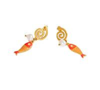 HIJONES Mujer Acero Inoxidable Colorido Esmalte Pez Koi Gota Dangle Imitación Perlas Orecchini Naranja