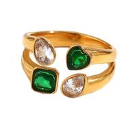 HIJONES Mujer Acero Inoxidable Doble Anillo de Corazón de Amor Zirconio Abierto Promesa de Propuesta Verde Blanco Talla 17