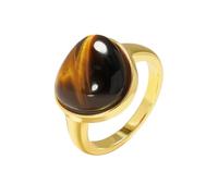 HIJONES Mujer Acero Inoxidable Gota Piedra Preciosa Anillo Declaración Ojo de Tigre Ágata Cristallo Dedo Anillo Joyería para Fiesta Piedra Marrón Oro Talla 14