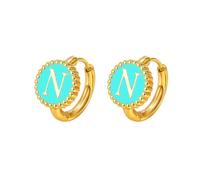 HIJONES Mujeres Acero Inoxidable Delgado Letra Inicial Pendiente Moneda Redonda Alfabeto Nombre Abrazadera Orelza Verde N