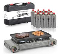 Hikemeister® 2 hornillos de gas para camping con plancha y 12 cartuchos de gas, hornillo portátil de camping con 2 fuegos, 2 estufas de gas de 2200 W, set de exterior con maletín, color gris