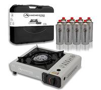 HikeMeister ® Hornillo de camping portátil con parrilla al aire libre, botellas de gas, maletín de transporte (Gris + 8 cartuchos de gas)