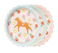 HIKIhooray Platos de papel para cumpleaños infantiles, diseño de caballo, juego de 6 platos de fiesta con diseño de caballos, rosa y colores pastel, vajilla de fiesta para niñas, decoración temática