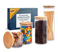 HIKITCHEN® Juego de 4 tarros de cristal de borosilicato estable con tapa de bambú, recipiente de cristal de 3 mm de grosor para guardar alimentos de forma segura