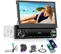 Hikity 1 DIN Autoradio 7" LED IPS Touch Flip out retráctil Manual de Pantalla Táctil Inalámbrico Carplay Andriod Auto Bluetooth Manos Libres Type-C FM Radio, Cámara Marcha Atrás 2USB AUX Mic EQ SWC