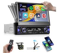 Hikity 1 DIN Autoradio con 7”IPS Retráctil Manual Touchscreen Wireless Carplay Andriod Auto FM Am Radio con USB Type-C AUX IN Mic EQ SWC Bluetooth Autoradio Cámara Trasera Mirror Link
