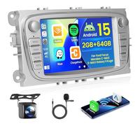 Hikity 2+64GB Android 15 Autoradio para Ford Focus Mondeo C-MAX S-MAX Galaxy II Kuga Radio Carplay Android Auto Wireless 7” IPS Touch Screen Radio Bluetooth GPS Navi WiFi FM RDS EQ ASP Mirror Link