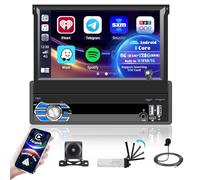 Hikity 6G+128G Android 15 Radio Coche 1 DIN con CarPlay Android Auto Inalámbrico, Pantalla Retráctil de 7" Estéreo Bluetooth con 4G WiFi DSP GPS Am/FM/RDS Dual USB SWC + Mic + Cámara Trasera