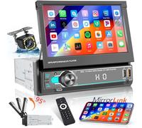 Hikity Radio Coche 1 DIN con Pantalla Retráctilde,7'' Pantalla táctil 1 DIN Reproductor MP5 para Coche Radio Retráctil con Bluetooth FM TF USB Mirror Link Cámara Trasera Control del Volante