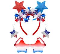 Hikkcos Juego de accesorios para el 4 de julio para mujer, 3 piezas patrióticas rojas, blancas y azules, gafas de sol de estrella y aretes para fiesta del Día de la Independencia