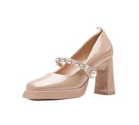 HIKKWXVN Zapatos Oxford Casuales y Bonitos para Mujer, Tacones de Bloque Mary Jane, Zapatos de Vestir Lolita de Uniforme para Fiesta, Cita, Boda,Nude,38 EU