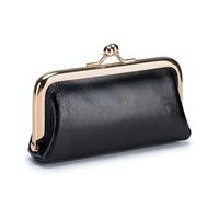 HIKOO DAILY Monedero retro de cuero genuino para mujer, bolso de lápiz labial, mini bolsa de clip, pequeña y exquisita bolsa de almacenamiento de monedas para niñas, Black, 1 pieza