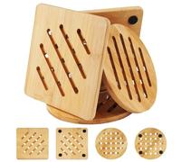 HIKPACKER 4 Piezas Salvamanteles De Bambú Resistente Al Calor, Salvamantel Antideslizante, Posavasos Madera, Salvamanteles Redondos Y Cuadrado para Protege Mesas Y Encimeras