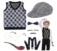 Hilai Disfraz de Viejo para Niño, Disfraces 100 Días de Cole para niños, Disfraz de Viejo Incluye Gorro, Gafas, Chaleco de Abuelo, Bastón, 110