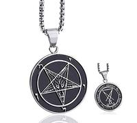 Hilai Halloween Decoracion Sello colgante de acero inoxidable de los hombres Sello de collar de Satanás de Lucifer Ambos lados Baphomet Cabra de cabra Diablo Pentagrama invertido Cadena 26 pulgadas