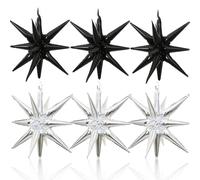 HILAVO 6 globos de estrella negra y plateada, globos de aluminio de 56 cm, globos de papel de aluminio con forma de cono para cumpleaños, aniversario, Año Nuevo, decoraciones de fiesta