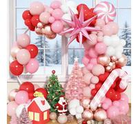 HILAVO Globos de Navidad, 146 unidades, color rojo, rosa, blanco, oro rosa, guirnalda de globos decorativos navideños con bastón de caramelo, explosión, estrella para niñas, baby shower, fiesta de