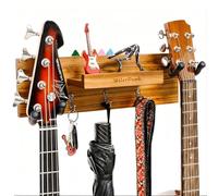 HilerPunk Soporte de pared para guitarra de madera maciza, colgador de guitarra con 3 ganchos de almacenamiento y 2 colgadores de goma giratorios para guitarra, con estante y soporte para púas