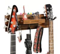 HilerPunk Soporte de pared para guitarra de madera maciza, colgador de guitarra con 3 ganchos de almacenamiento y 2 colgadores de goma giratorios para guitarra, con estante y soporte para púas