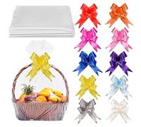 Hileyu 20 bolsas de celofán extra grandes con lazos transparentes para cestas, envolturas, cestas de plástico y cinta, Navidad, Pascua, 60 x 90 cm, transparente, amarillo, naranja, verde, rojo, morado