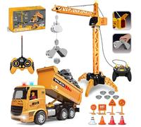 HILKKET Grúa Teledirigida y Camión de Juguete, 2,4 GHz Grua y Camión para Niños a Partir de 6 Años, Grúa Eléctrica con Gancho Elevador, Faro y Sonido, Juego de Juguetes