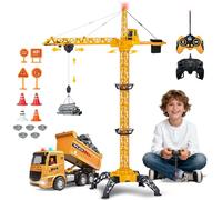 HILKKET Grúa Torre Teledirigida, 138 cm Gruas de Juguete Teledirigida, RC 2.4GHz Grúas Torre de Construcción, Camión Volquete con Control Remoto, Elevador Giratorio de 680 con Luces y Sonidos