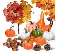HILKKET Otoño Calabazas Decorativas, Decoracion Otoño Casa y 2 Flores de Otono, Frutos de Cosecha Artificiales, Hojas de Arce, Decoración de Calabaza, Piñas, Bellotas, Acción de Gracias, Halloween