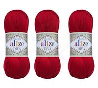 Hilo Alize Diva para tejer a mano, 100 % microfibra acrílica, hilo efecto seda, hilo de ganchillo para manualidades, lote de 3 madejas de 400 g, 1200 m (1314 yardas) Color (106 - Rojo)