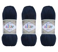 Hilo Alize Diva para tejer a mano, 100 % microfibra acrílica, hilo efecto seda, hilo de ganchillo para manualidades, lote de 3 madejas de 400 g, 1200 m (1314 yardas) Color (361 - Azul marino)