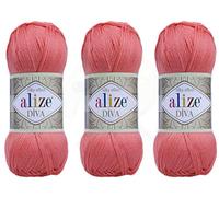 Hilo Alize Diva para tejer a mano, 100% microfibra acrílica, hilo efecto seda, hilo de ganchillo para manualidades, lote de 3 madejas de 400 g, 1200 m (1314 yardas) Color (619 - Coral)