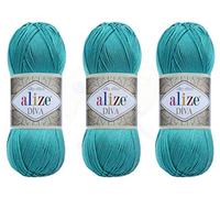 Hilo Alize Diva para tejer a mano, 100 % microfibra acrílica, hilo efecto seda, hilo de ganchillo para manualidades de encaje, lote de 3 madejas de 400 g, 1200 m (1314 yardas) Color (376 - Cian)