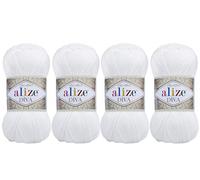 Hilo de ganchillo 100% microfibra acrílica Alize Diva, efecto seda, lote de 4 madejas de ovillo, 400 g, 1532 yardas, color blanco (55 blanco)