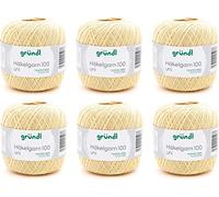 Hilo de ganchillo Gründl 100 monocromo (juego de ganchillo, hilo de algodón mercerizado para ganchillo, 100% algodón, 100 g / 566 m, tamaño de aguja: 1,5-2, 6 × 100 g), Giallo Pastello