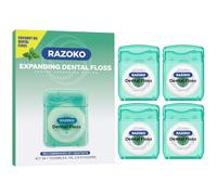 Hilo Dental de Aceite de Coco Expansible - 4 Rollos de 55 Yardas, Sabor Menta, Resistente al Deshilachado, para Espacios Amplios y Encías Sensibles - RAZOKO