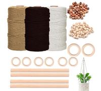 Hilo Macrame 3mm, Kit de Macramé para Colgar en la Pared, 3mmx100m, con Cuentas, Anillos de Madera y Palos de Madera, Kit de Macramé de Búho para Principiantes, Wanddeko Boho, para Decoración Colgante