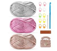 Hilo metálico para tejer, 3 x 100 g, hilo grueso de ganchillo con gancho de 7 mm, perfecto para bolsas de ganchillo, cestas, alfombras, decoración del hogar, tela elástica apta para principiantes para
