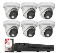 HiLook by HIKVISION - Juego de cámaras de vigilancia PoE para Exteriores, 6 cámaras de 8 MP/4K Turret con Ranura para Tarjeta SD, visión Nocturna híbrida, Color e Infrarrojos, reconocimiento de