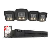 HiLook by HIKVISION PoE 8CH con 4 cámaras Bullet 8MP/4K, Ranura SD, visión Nocturna híbrida (Color/IR), detección AI de Personas/vehículos, NVR 4K, HDD 2TB, Control por App
