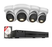 HiLook by HIKVISION PoE 8CH con 4 cámaras Domo 8MP/4K, Ranura SD, visión Nocturna híbrida (Color/IR), detección AI de Personas/vehículos, NVR 4K, HDD 2TB, Control por App