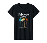 Hilton Head Island Carolina del Sur Coloridas Palmeras Retro Camiseta gráfica económica, Mujer, Negro, L