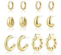 HILXURY Juego de 6 pares de aretes de aro de oro para mujer, chapados en oro de 14 quilates, hipoalergénicos, ligeros, trenzados, abiertos, joyería para regalos de Navidad y cumpleaños., 25 mm, Latón