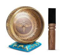 Himalayan Bazaar - Juego de cuenco tibetano con sonido para meditar, cuenco tibetano elaborado a mano realmente fácil de tocar, con sonidos para hacer yoga y alinear los chacras (10,16 cm, color dorado y turquesa)