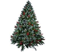 himaly Árbol de Navidad Pino Artificial 180cm, 720 Puntas, PVC Nieve Blanca Natural, Conos de Pino Real, Frutos Rojos, Soporte de Metal, Alambre de Cobre de 1.8M con lámpara 300