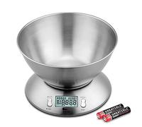 himaly Báscula Digital Básculas de Cocina 5kg/11lb, Báscula de Acero Inoxidable con 2L Cuenco Desmontable para Hornear y cocinar(Baterías Incluidas)