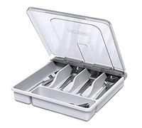 HIMAugbo Bandeja para Cubiertos con Tapa, Cubertero para Cajon con 5 Compartimentos, Caja para Cubiertos Antideslizante para Cuchillos Tenedores Cucharas Por Picnic, 30 * 30 * 7cm(Blanco)